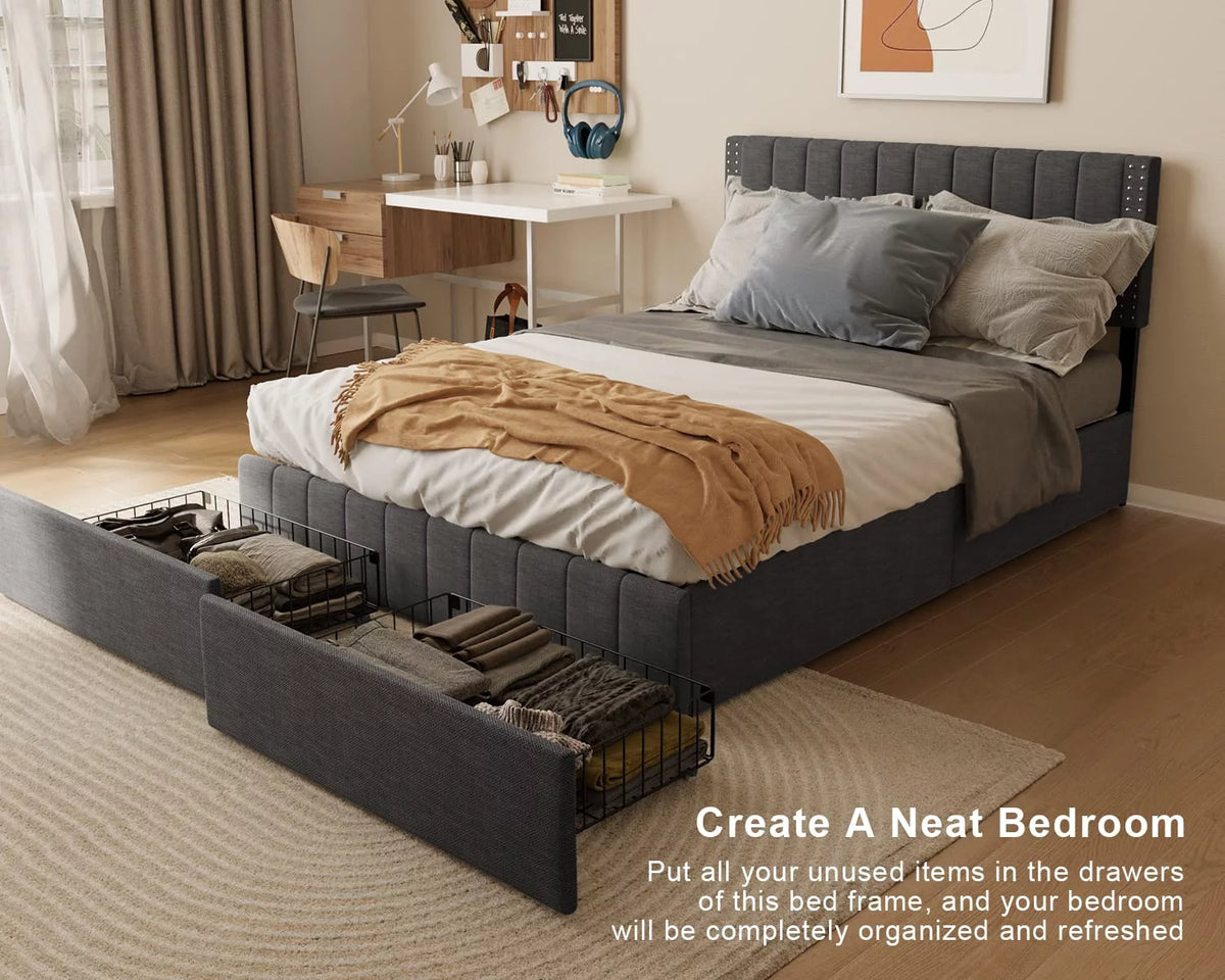 Full Bed Frame with 4 Drawers and Adjustable Headboard Dark Grey G4027