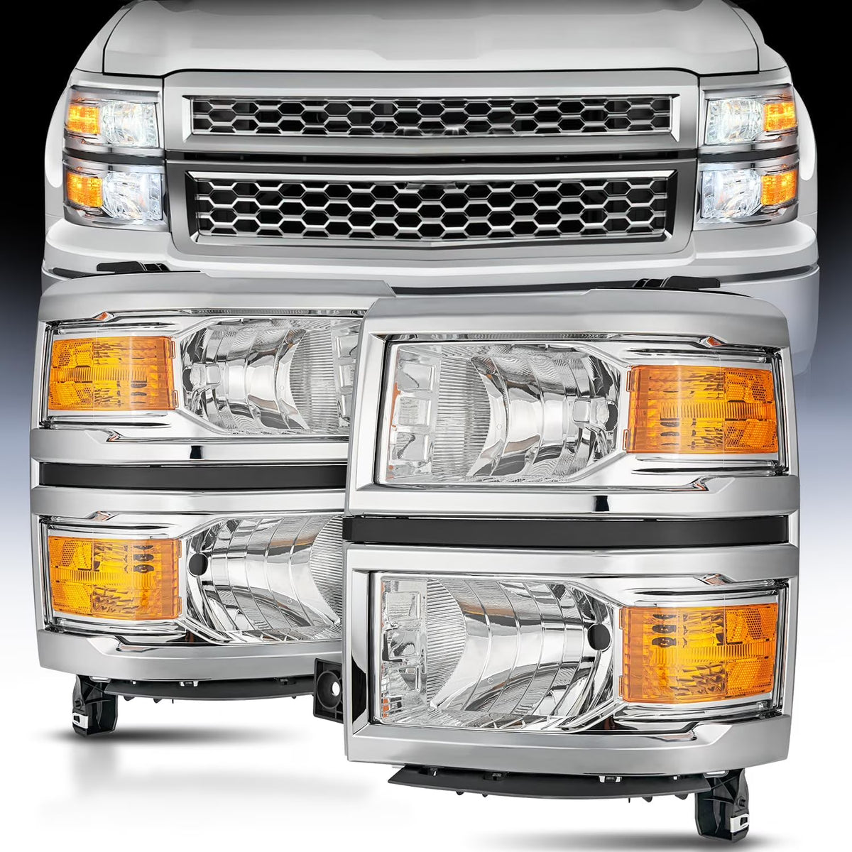 Chrome Housing Amber Reflector Headlight Assembly C163