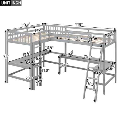 Grey Twin Size L-Shaped Loft Bed with Desk and Guardrails Z797998