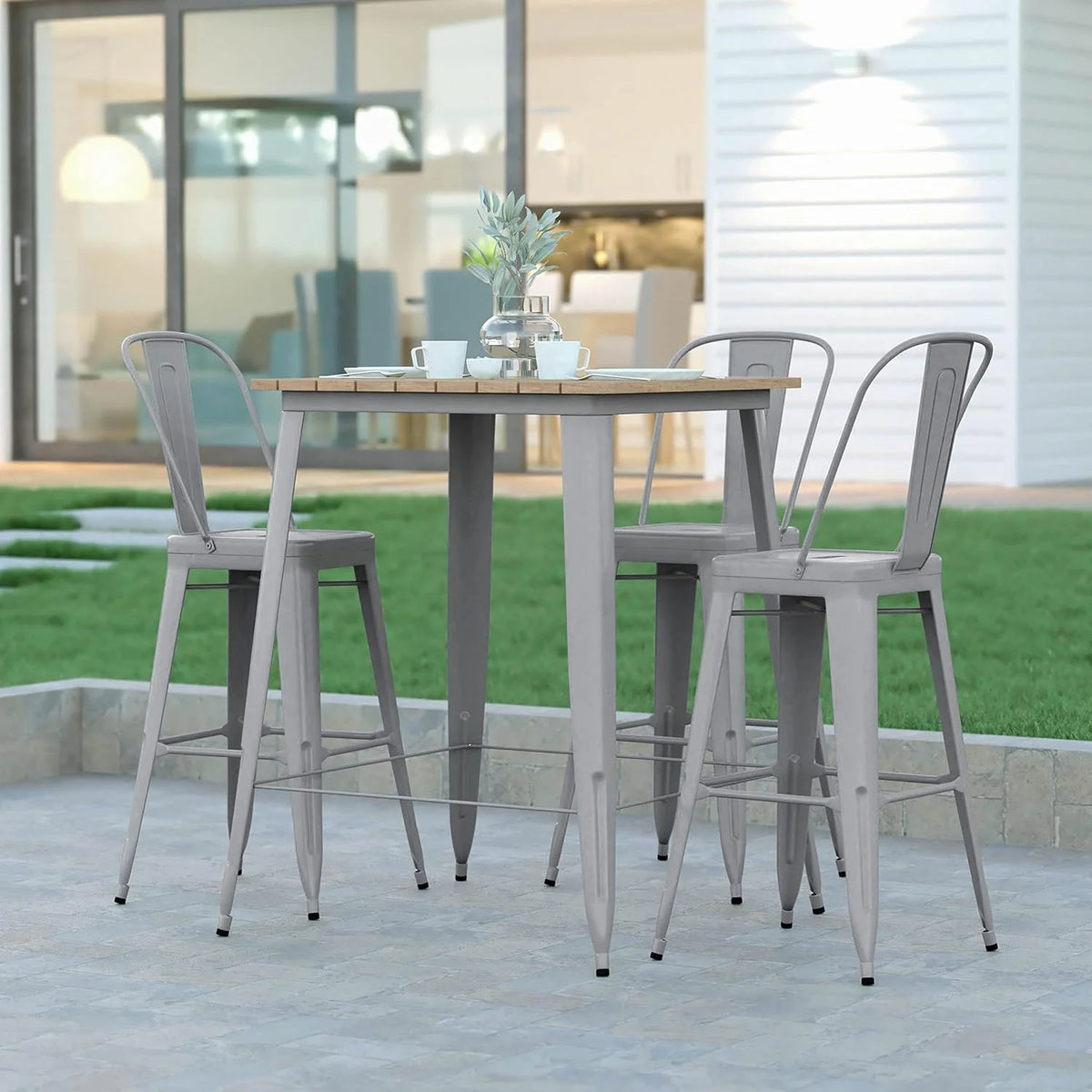 Indoor/Outdoor Bar Top Table Brown Resin Silver Steel F256701