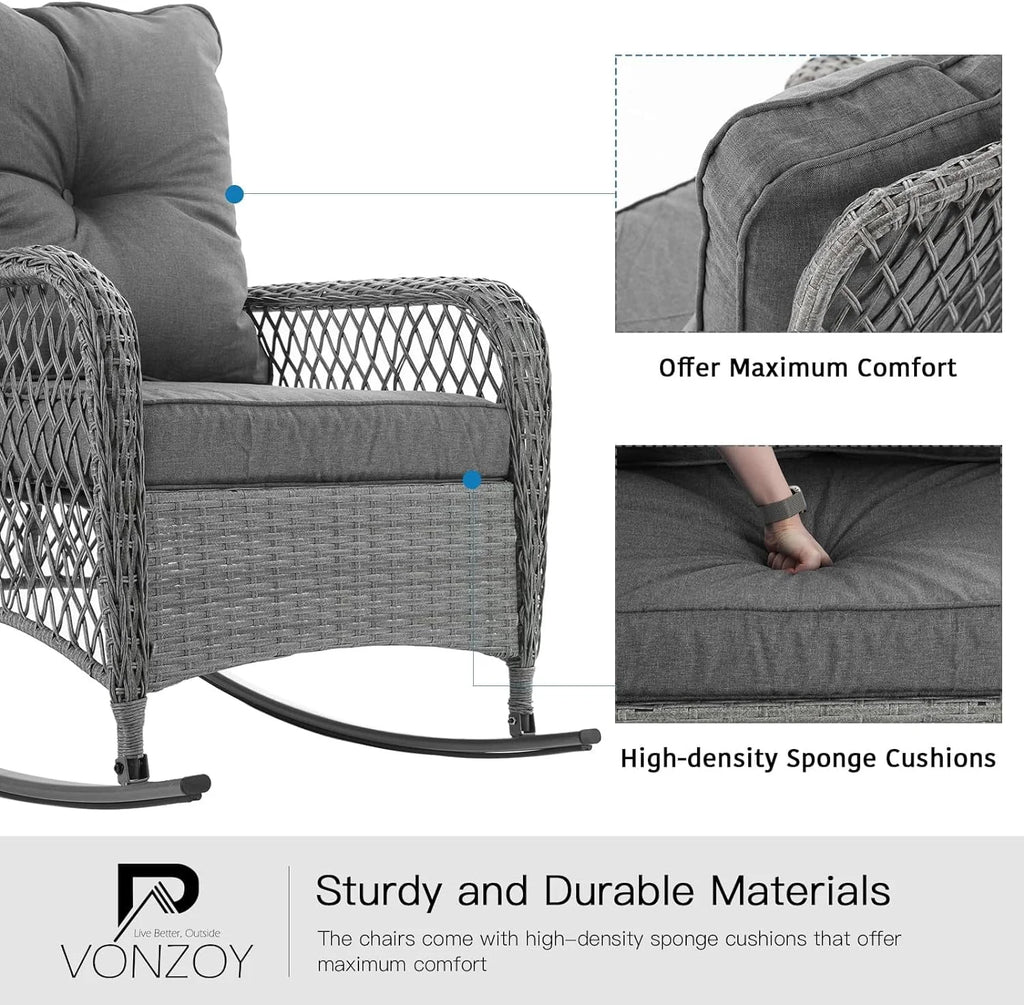 3-Piece Wicker Outdoor Rocking Chairs with Cushions and Table E613