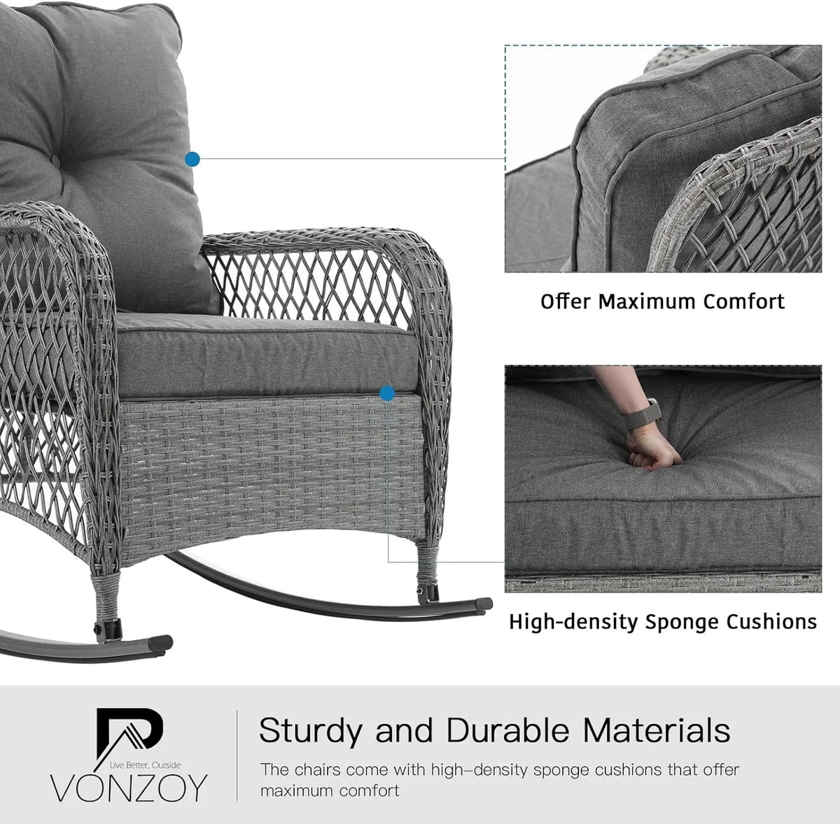 3-Piece Wicker Outdoor Rocking Chairs with Cushions and Table E613