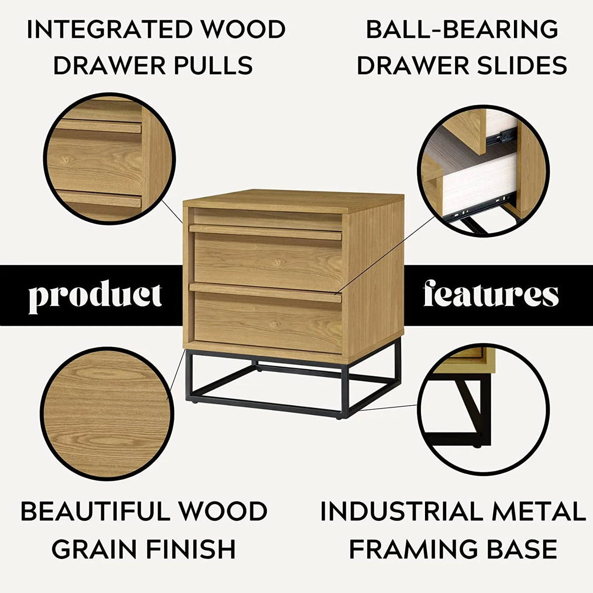 Natural Oak Solid Wood Nightstand with Two Drawers M283776