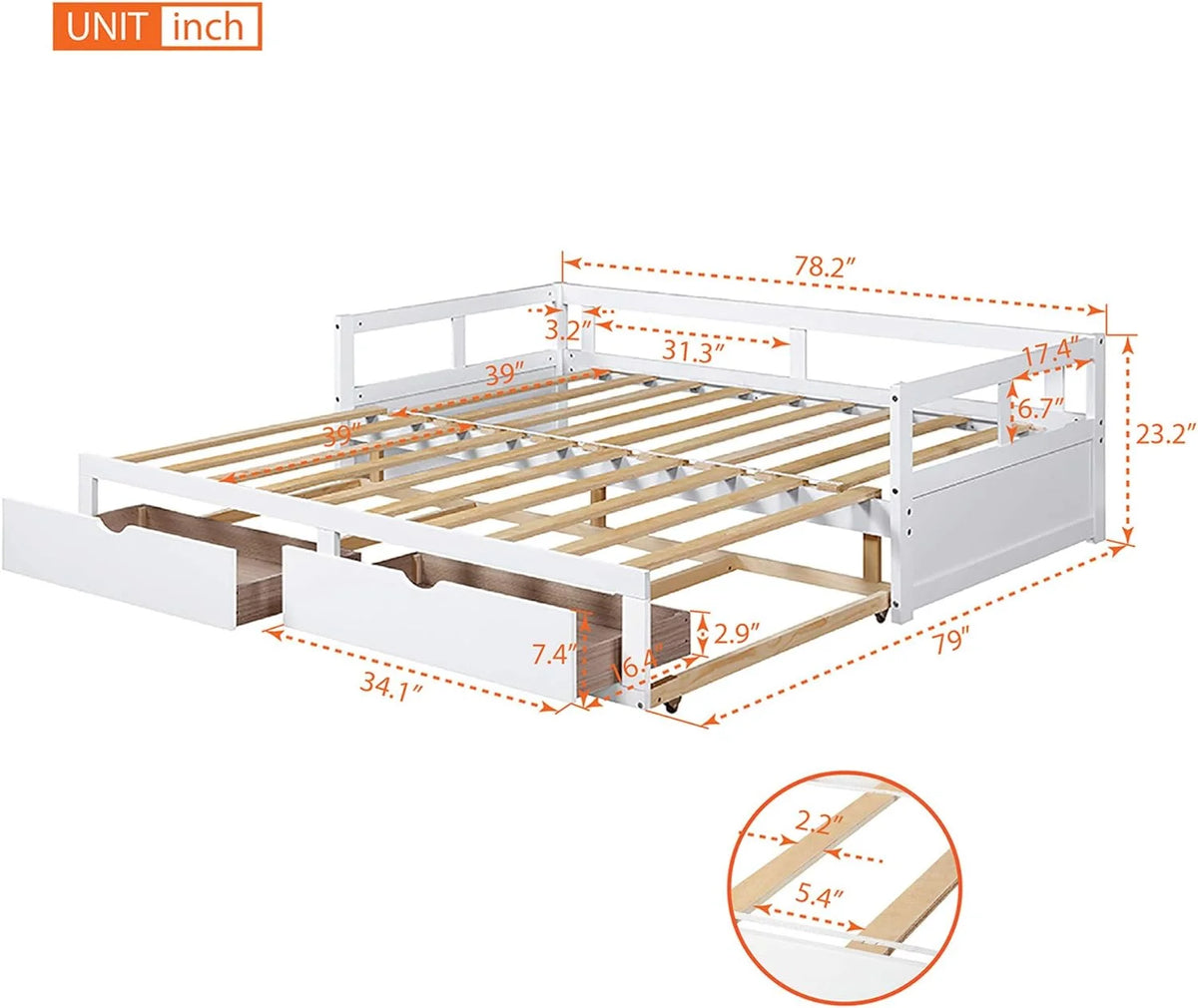 White Wooden Daybed with Trundle and 2 Storage Drawers W807577