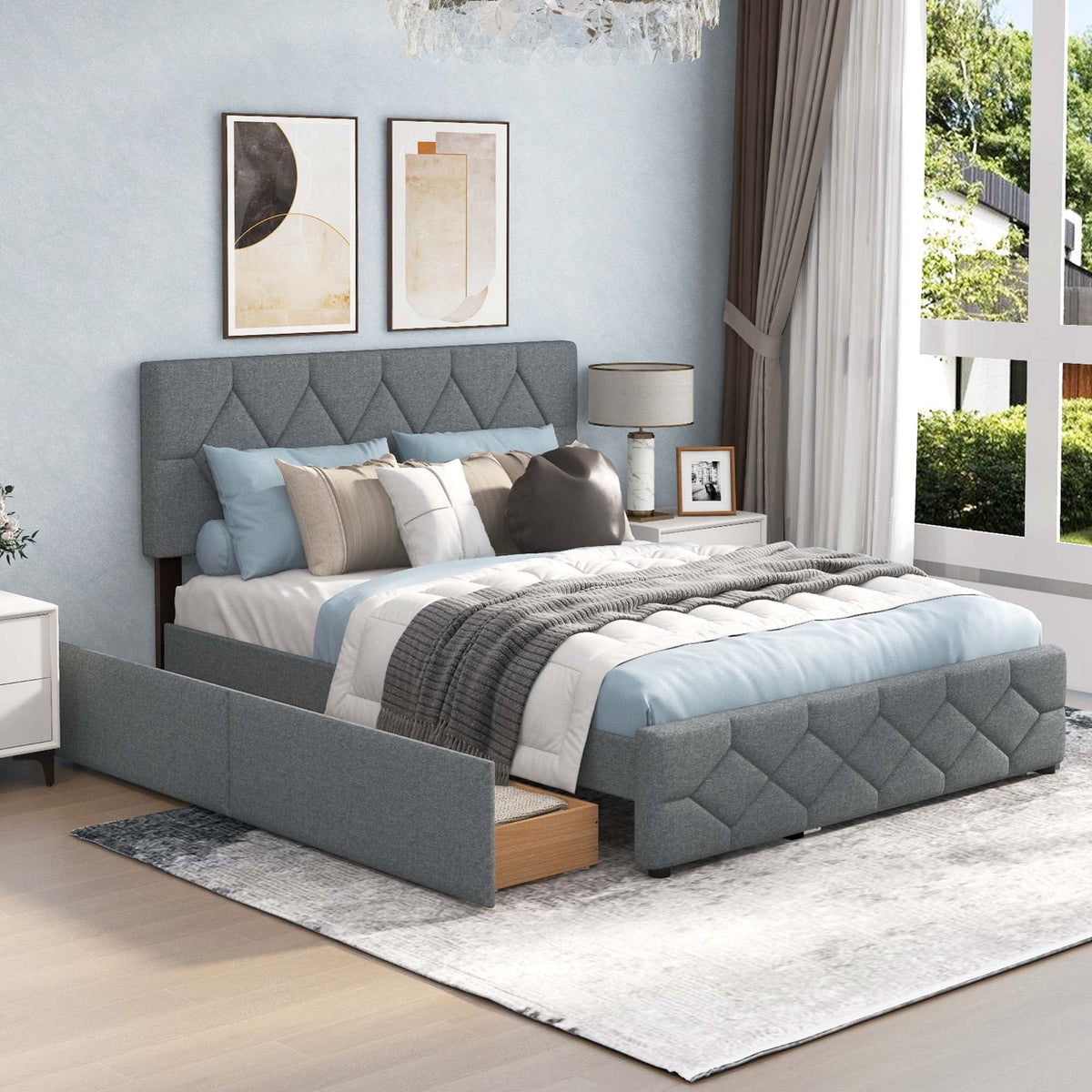 Queen Upholstered Platform Bed with Twin XL Trundle and 2 Drawers N2195