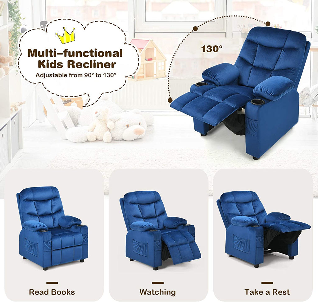 Kids Recliner Chair with Cup Holder Adjustable Velvet Lounge Chair w/Footrest & Side Pockets Ergonomic Toddler Furniture Sofa R8694