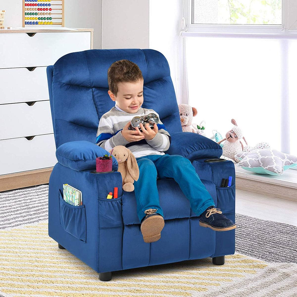 Kids Recliner Chair with Cup Holder Adjustable Velvet Lounge Chair w/Footrest & Side Pockets Ergonomic Toddler Furniture Sofa R8694
