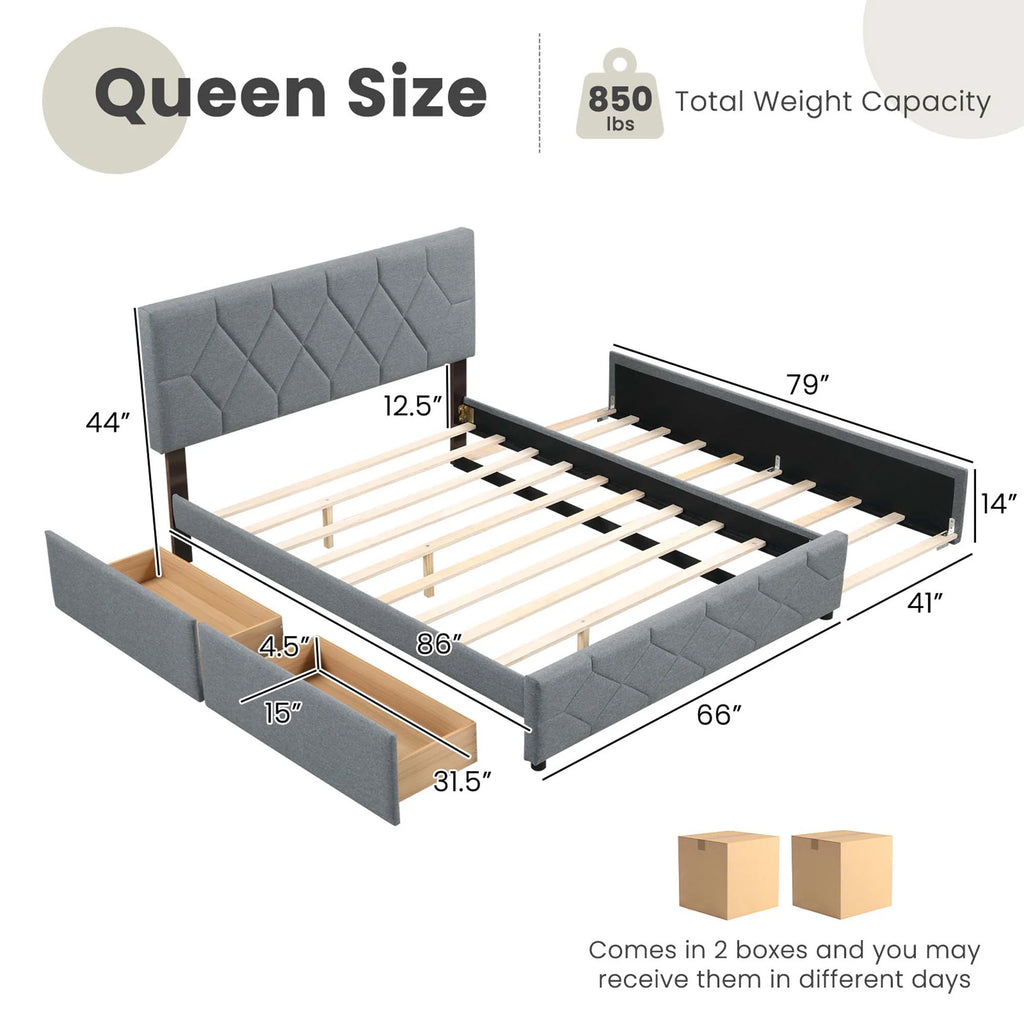 Queen Upholstered Platform Bed with Twin XL Trundle and 2 Drawers N2195