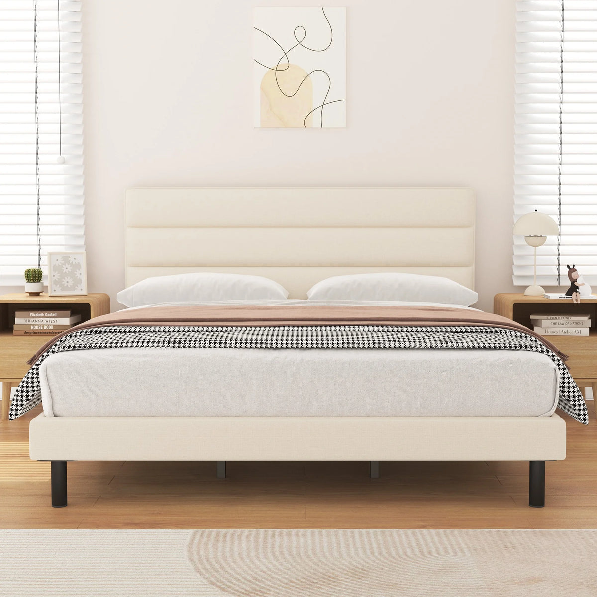 King Size Platform Bed with Wingback Fabric Upholstered Headboard B684455