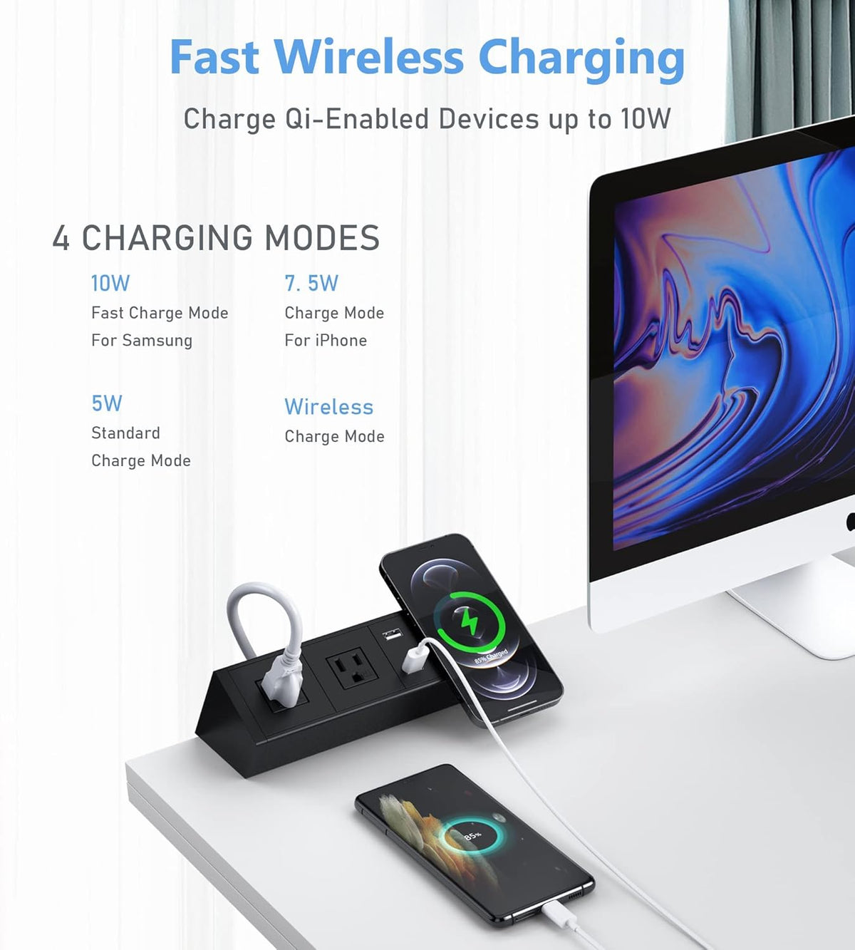 Desk Clamp Power Strip with Wireless Charger, 6ft Cable H519