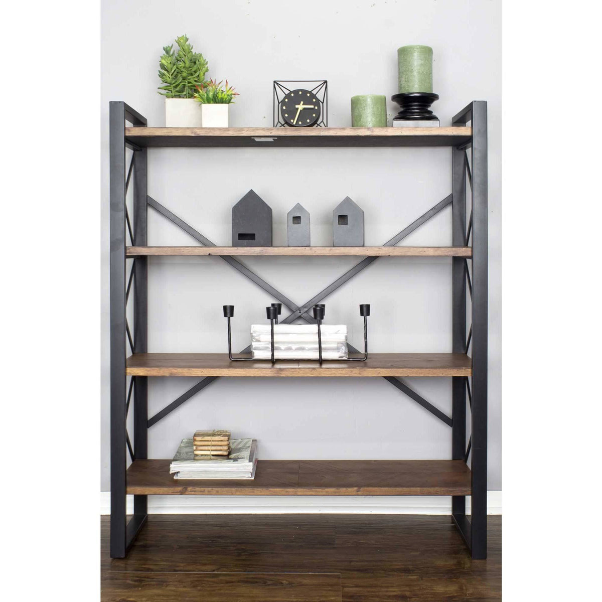 Natural Metal Wood MDF Bookcase with 4 Shelves Black X6120