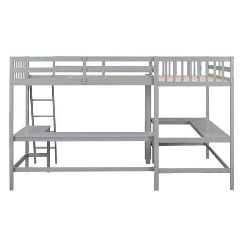 Grey Twin Size L-Shaped Loft Bed with Desk and Guardrails Z797998