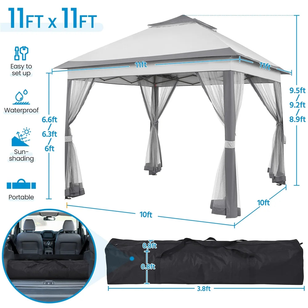 11x11 FT Pop-Up Gazebo with 4 Mesh Sidewalls, Light Gray F7674