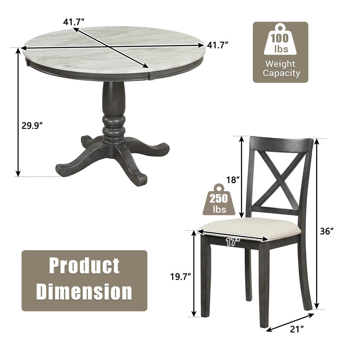 5 Piece Solid Wood Dining Room Set with 4 Chairs E3423