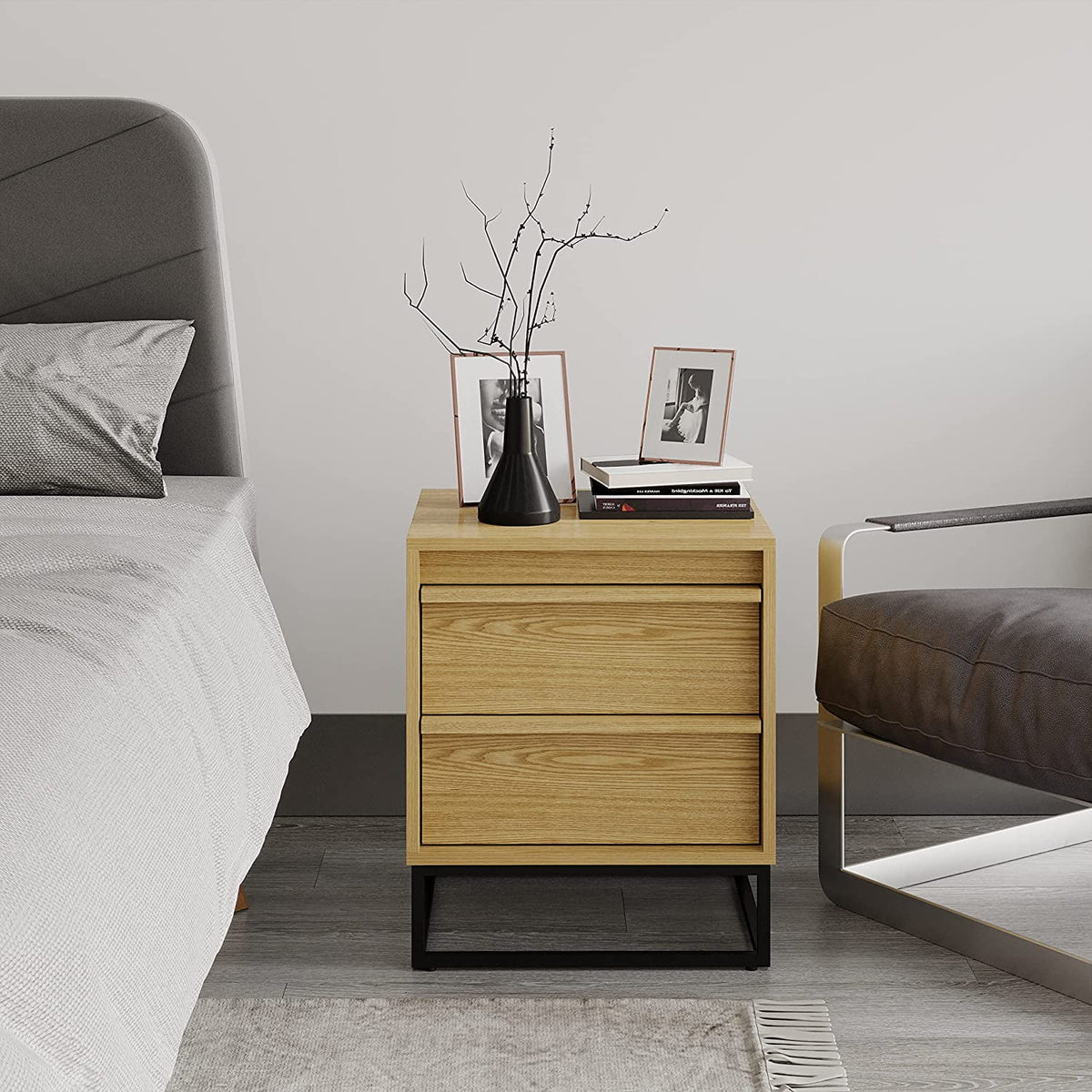 Natural Oak Solid Wood Nightstand with Two Drawers M283776