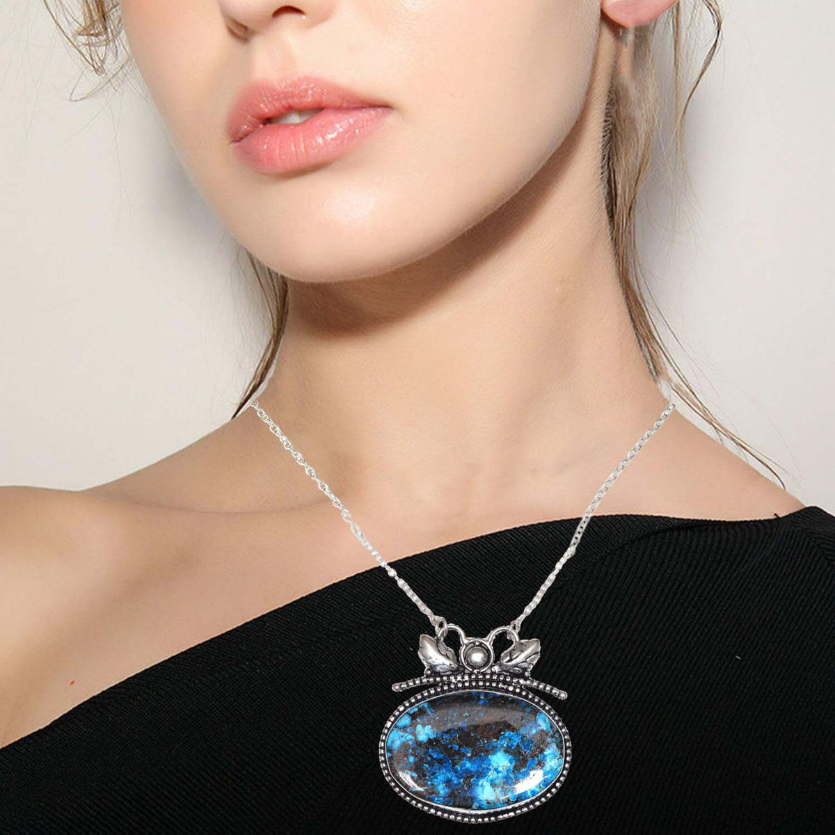 Azurite Silver Sterling Gemstone Beads 20" Chrysocolla Round Necklace O187479