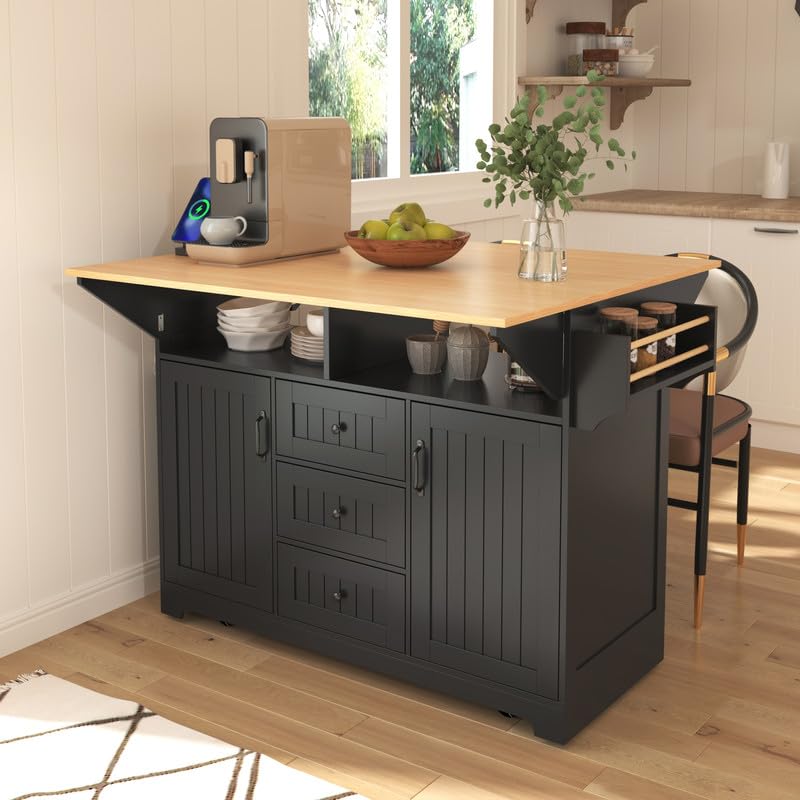 55.7'' Black Kitchen Island with Drop Leaf and 3 Drawers X970580