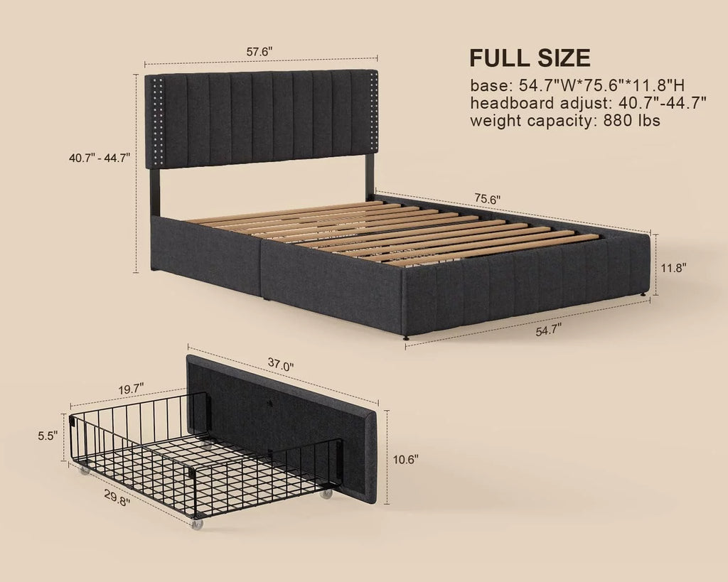 Full Bed Frame with 4 Drawers and Adjustable Headboard Dark Grey G4027