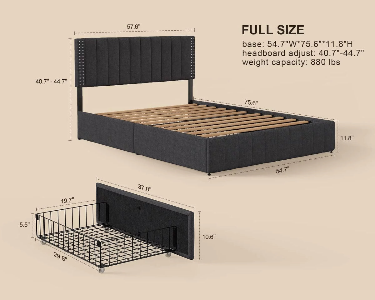 Full Bed Frame with 4 Drawers and Adjustable Headboard Dark Grey G4027