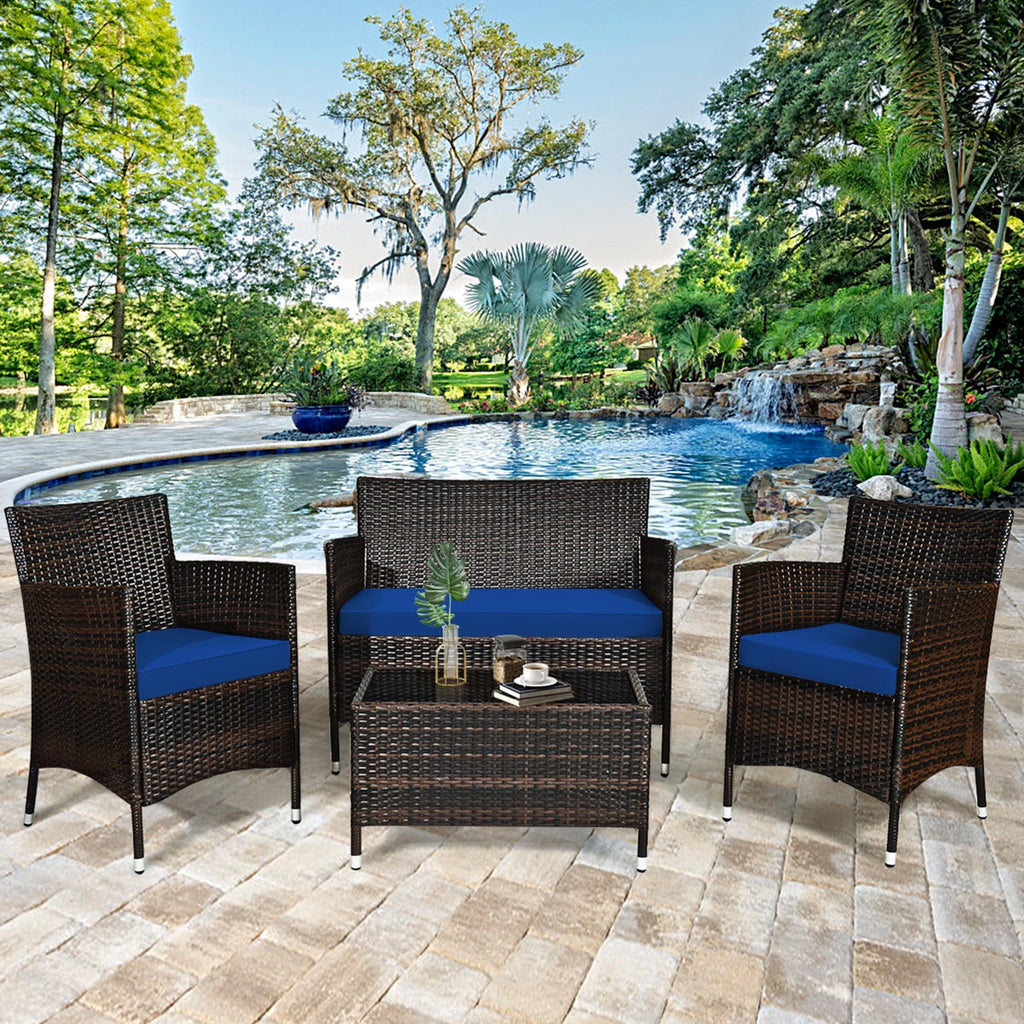 4 Pc Turquoise Cushioned Patio Rattan Conversation Furniture Set M945796