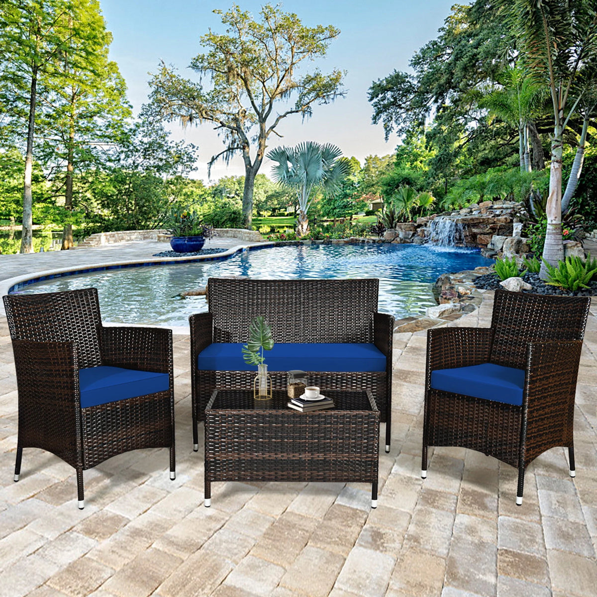 4 Pc Turquoise Cushioned Patio Rattan Conversation Furniture Set M945796