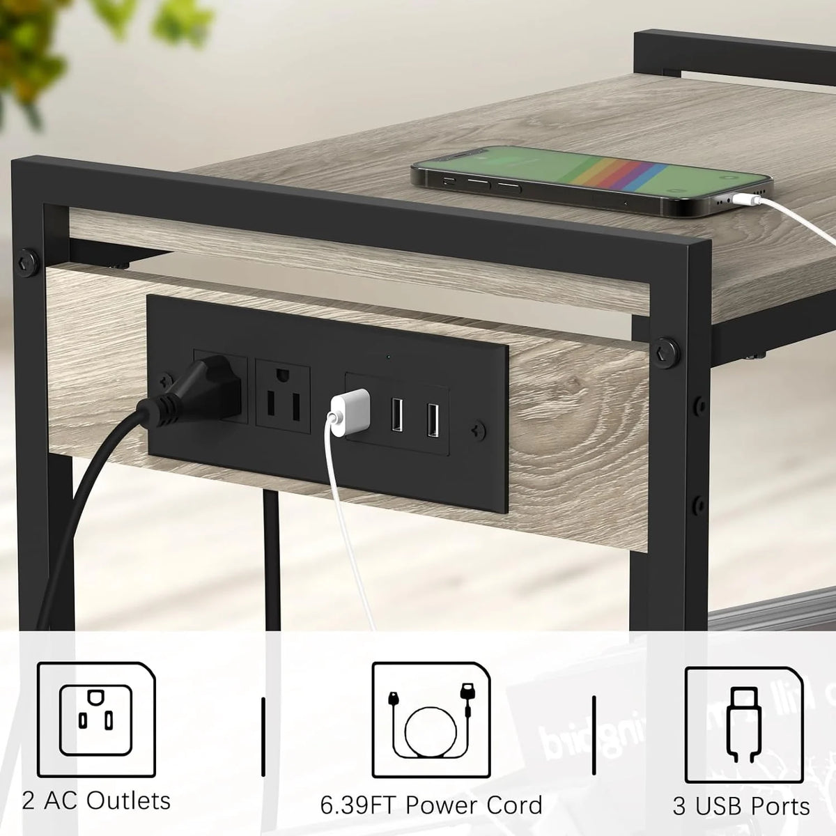 2-Tier End Table with Charging Station and Vinyl Storage Shelf Y5260