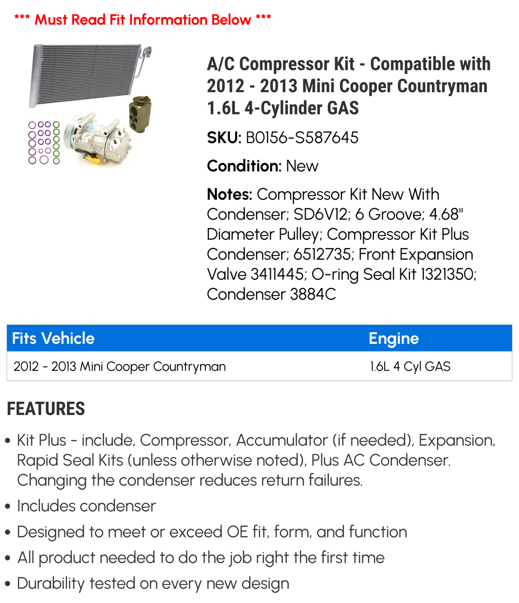 A/C Compressor Kit for 2012-2013 Mini Cooper Countryman 1.6L 4-Cylinder GAS P211318
