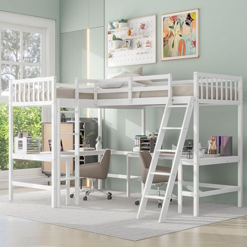 Grey Twin Size L-Shaped Loft Bed with Desk and Guardrails Z797998