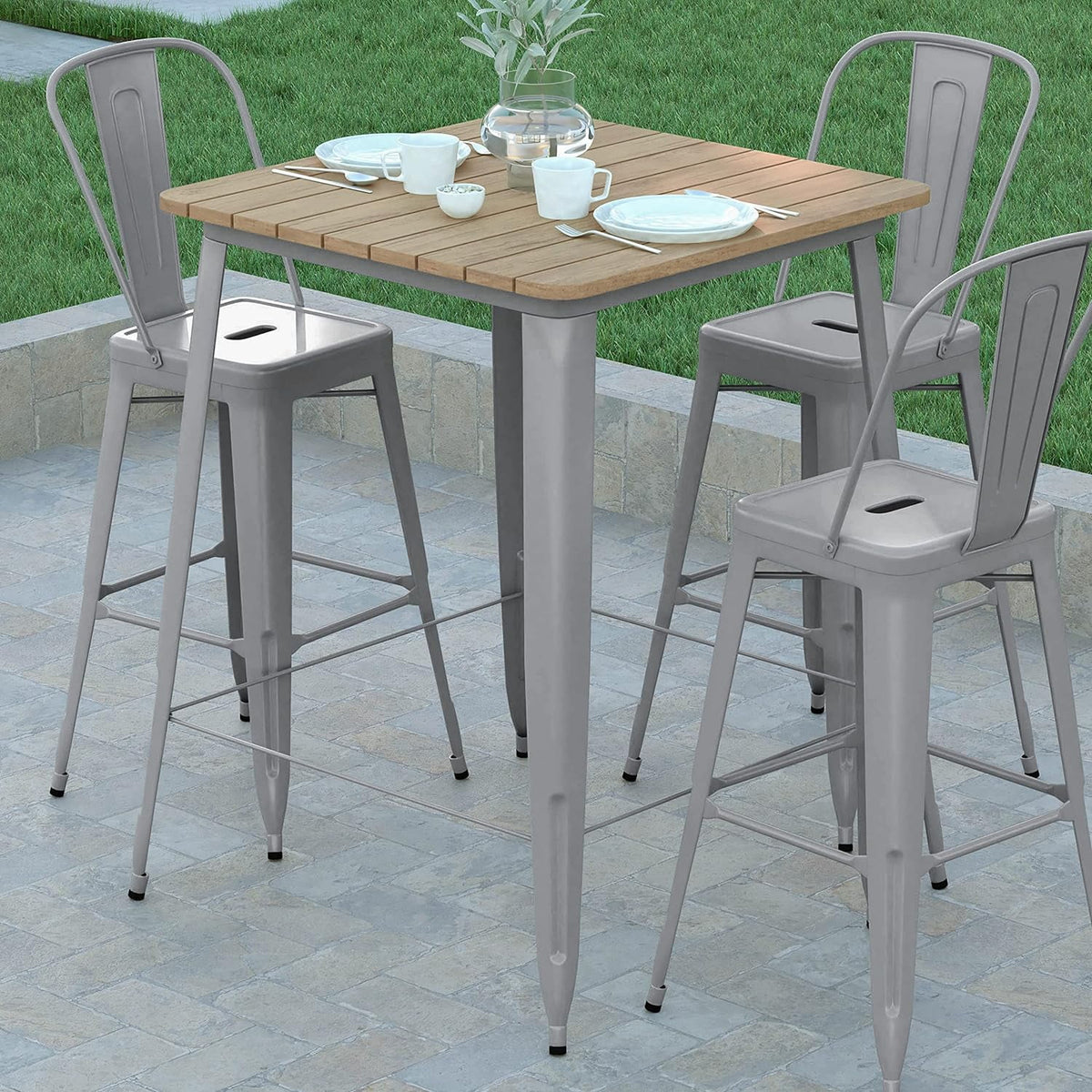 Indoor/Outdoor Bar Top Table Brown Resin Silver Steel F256701