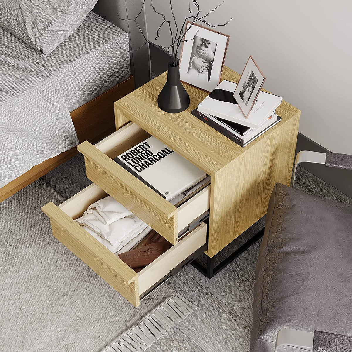 Natural Oak Solid Wood Nightstand with Two Drawers M283776