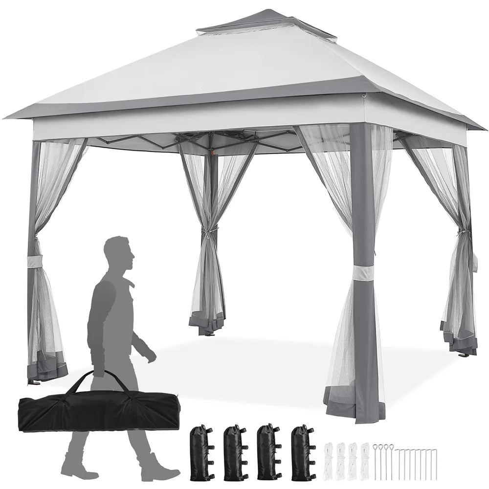 11x11 FT Pop-Up Gazebo with 4 Mesh Sidewalls, Light Gray F7674