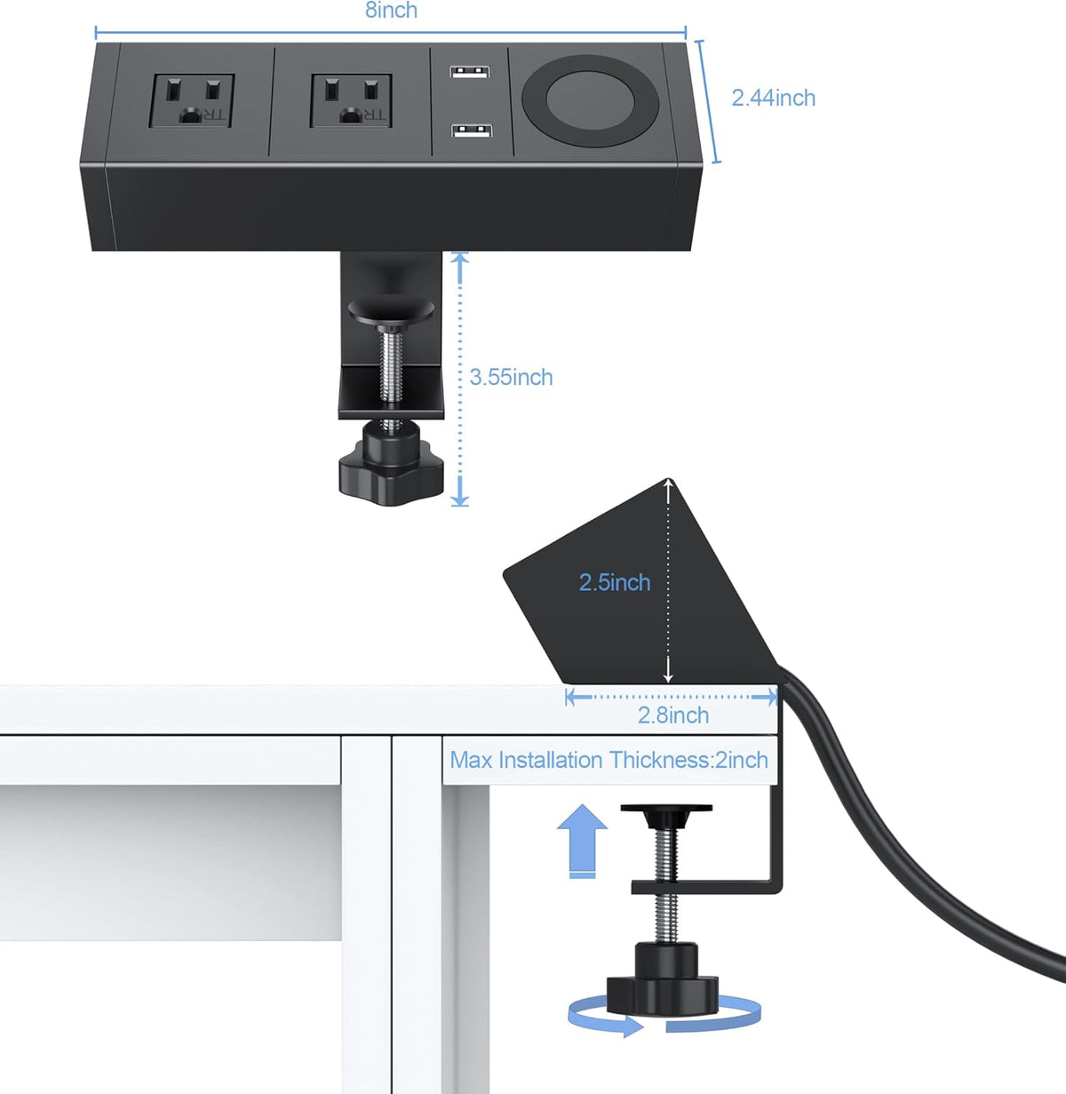 Desk Clamp Power Strip with Wireless Charger, 6ft Cable H519