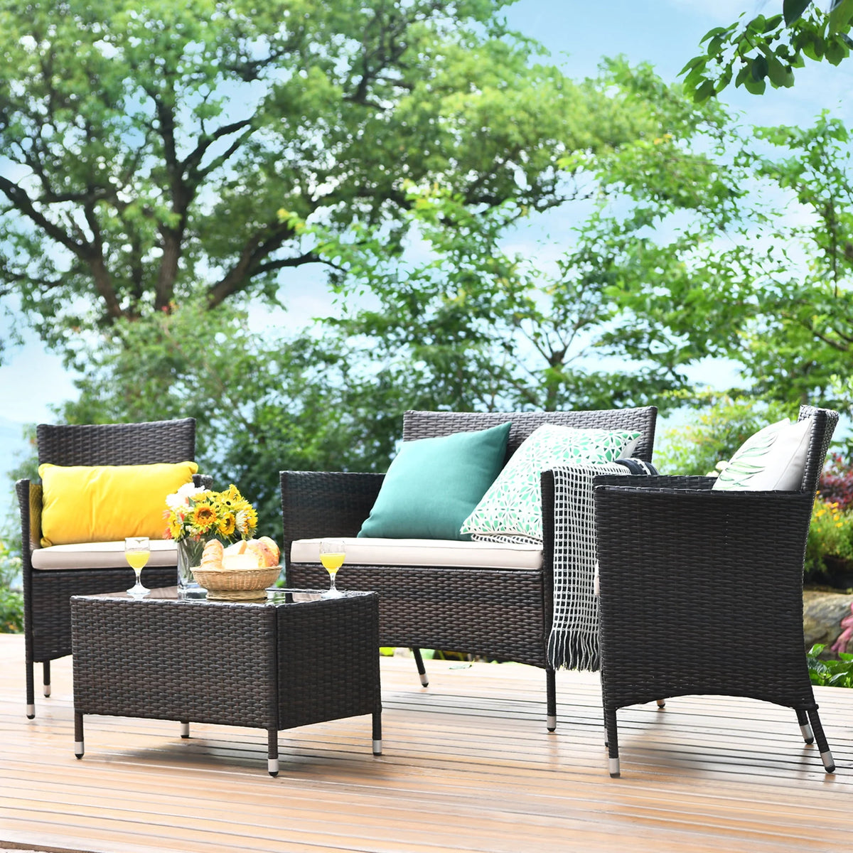 4 Pc Turquoise Cushioned Patio Rattan Conversation Furniture Set M945796
