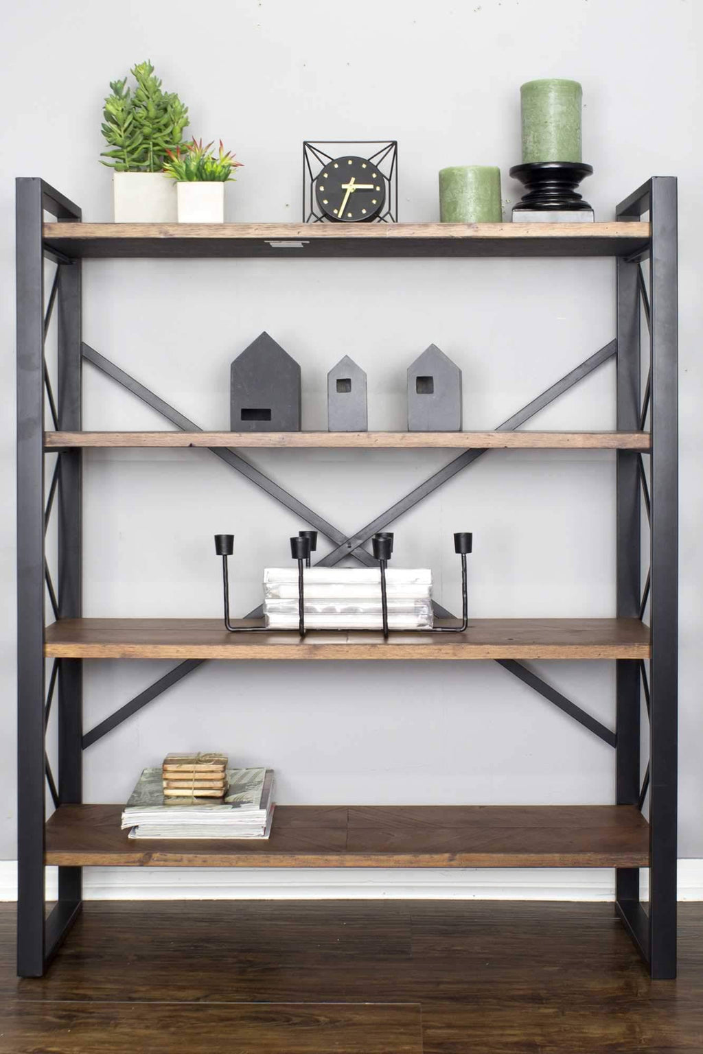 Natural Metal Wood MDF Bookcase with 4 Shelves Black X6120