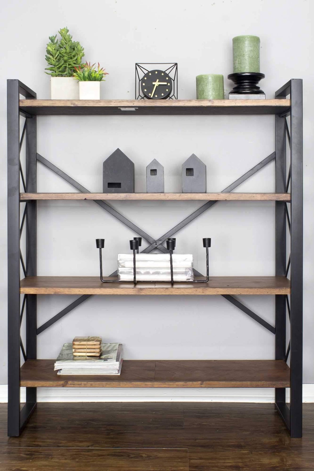 Natural Metal Wood MDF Bookcase with 4 Shelves Black X6120