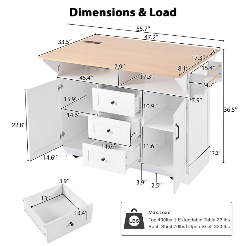 55.7'' Black Kitchen Island with Drop Leaf and 3 Drawers X970580