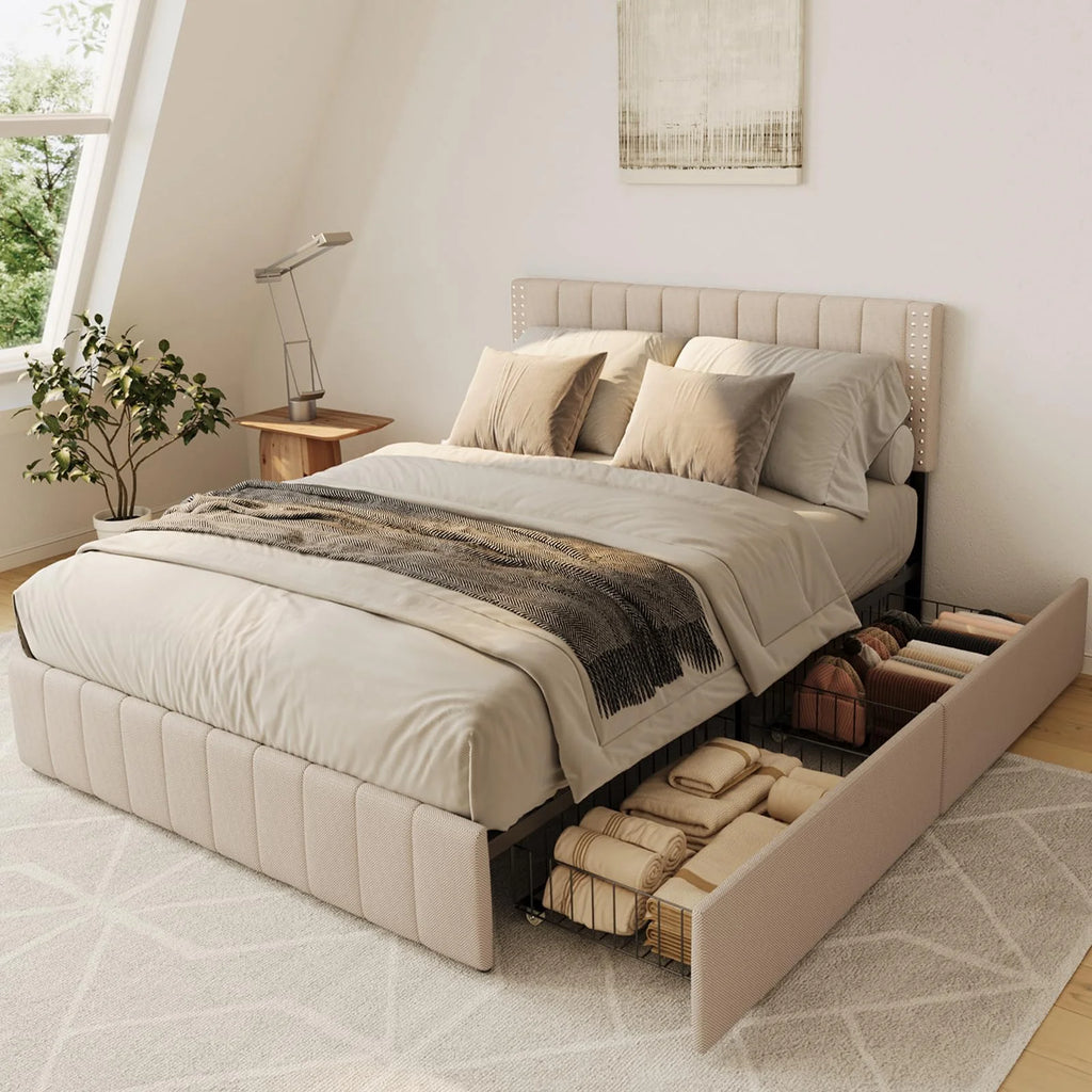 Full Bed Frame with 4 Drawers and Adjustable Headboard Dark Grey G4027