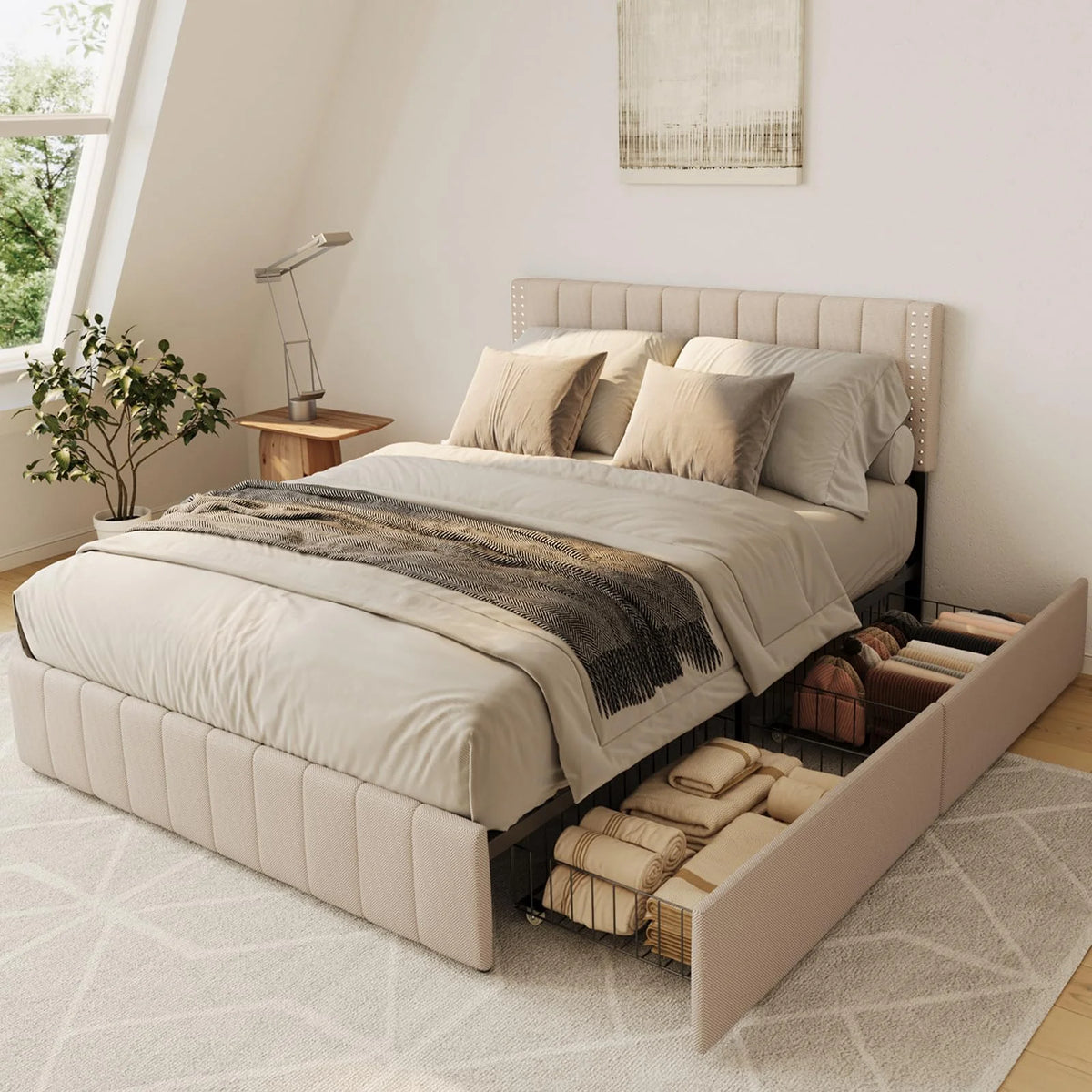 Full Bed Frame with 4 Drawers and Adjustable Headboard Dark Grey G4027