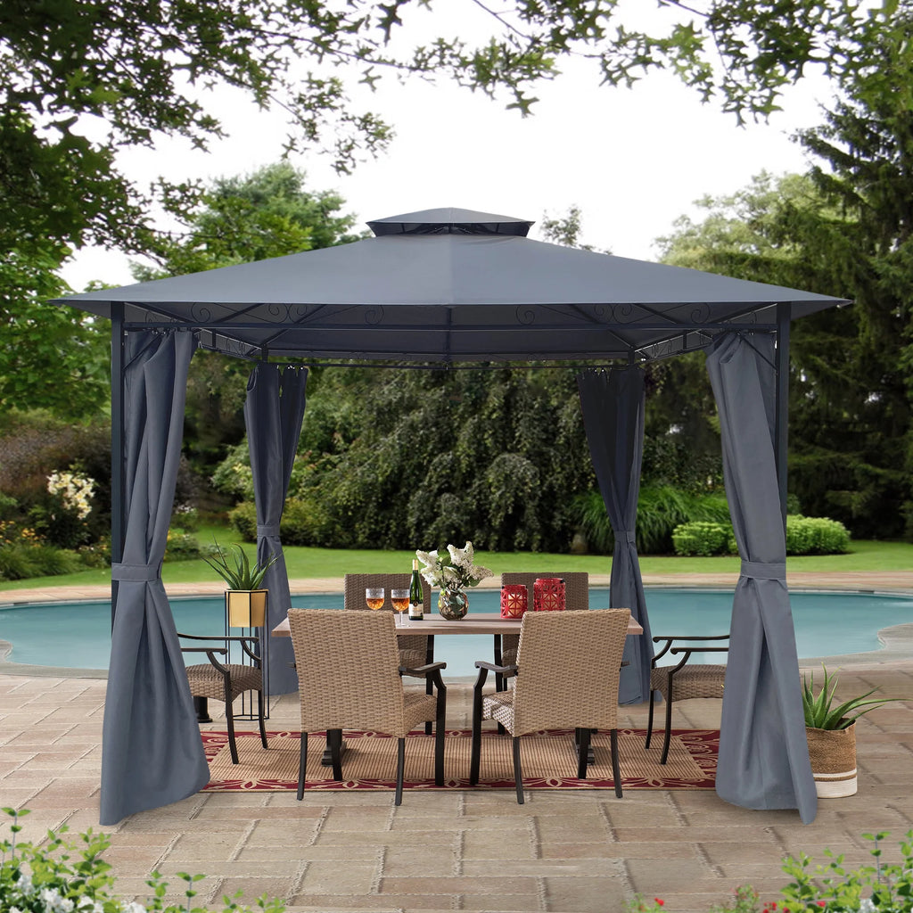 Gray Gazebo Canopy With Curtains D698242