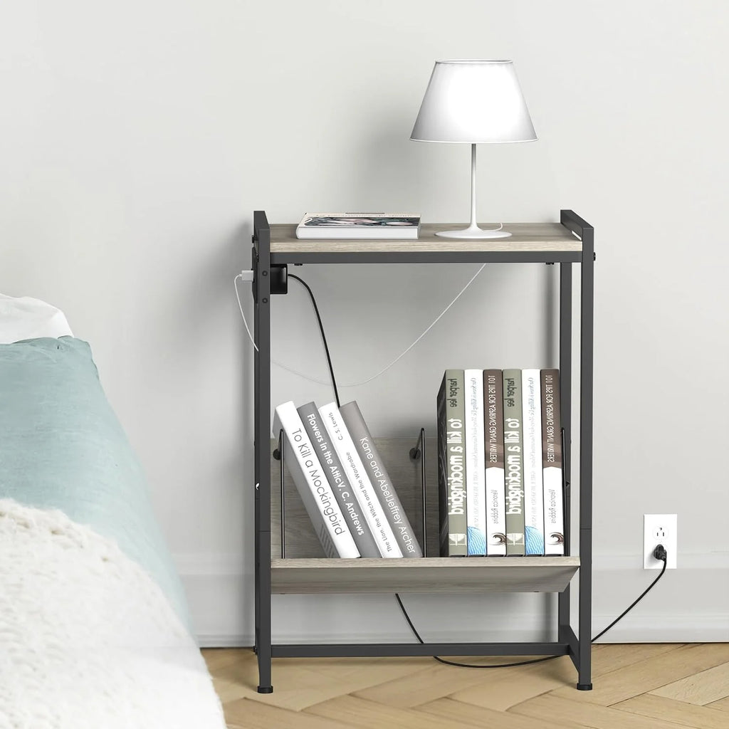 2-Tier End Table with Charging Station and Vinyl Storage Shelf Y5260