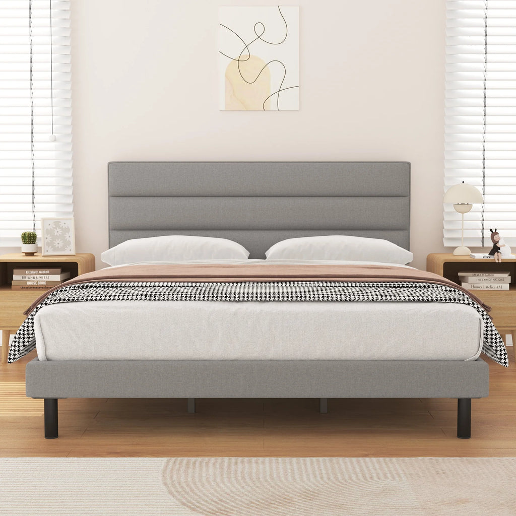 King Size Platform Bed with Wingback Fabric Upholstered Headboard B684455
