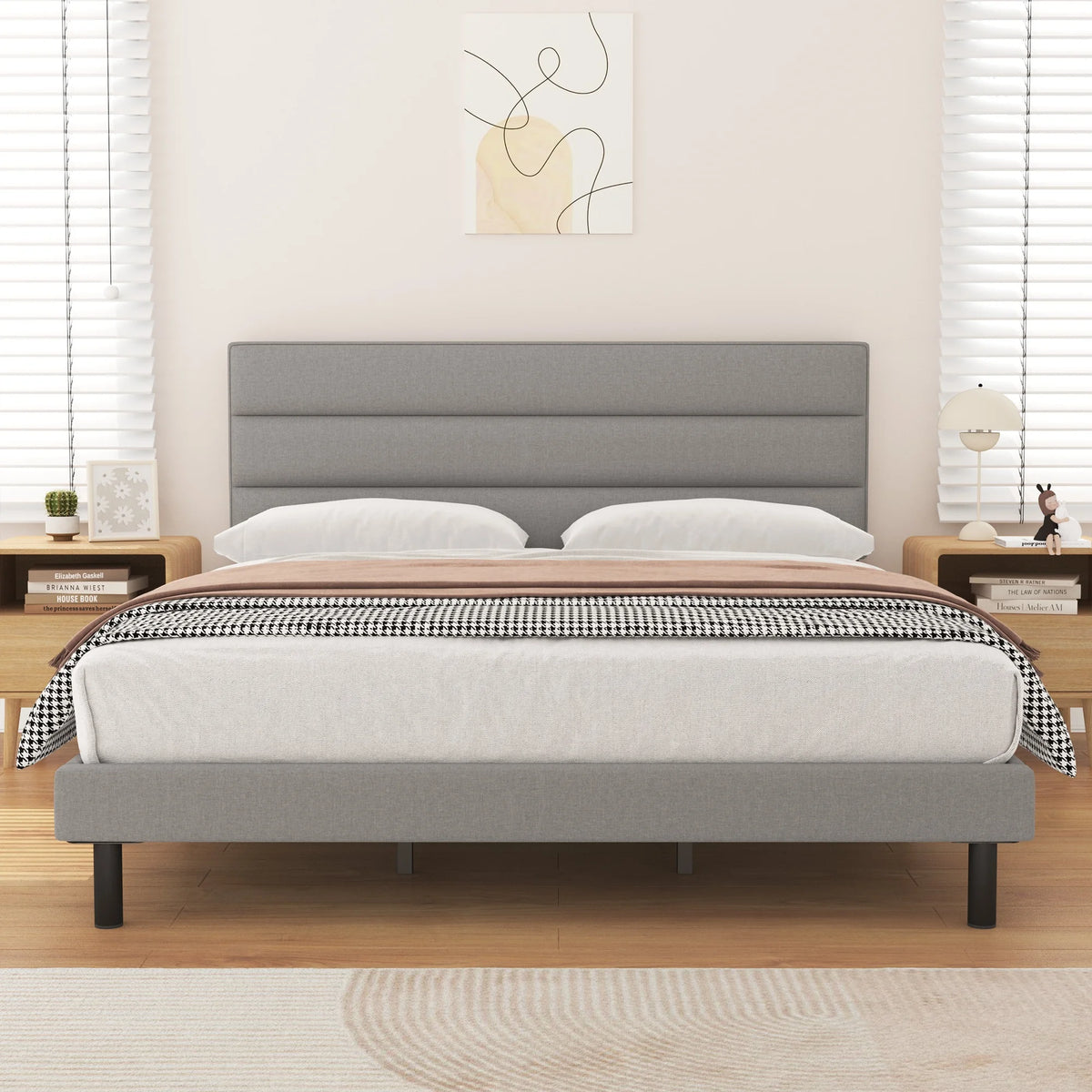 King Size Platform Bed with Wingback Fabric Upholstered Headboard B684455